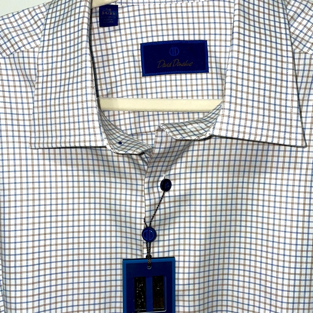 David Donahue White Dress Shirt with Blue and Brown Windowpane Check